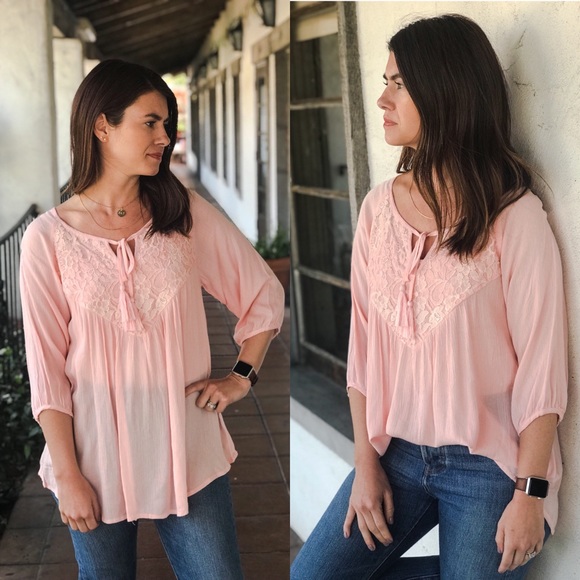 Tops - The EVERLIEGH 3/4 Sleeve Boho Pink Peasant Top